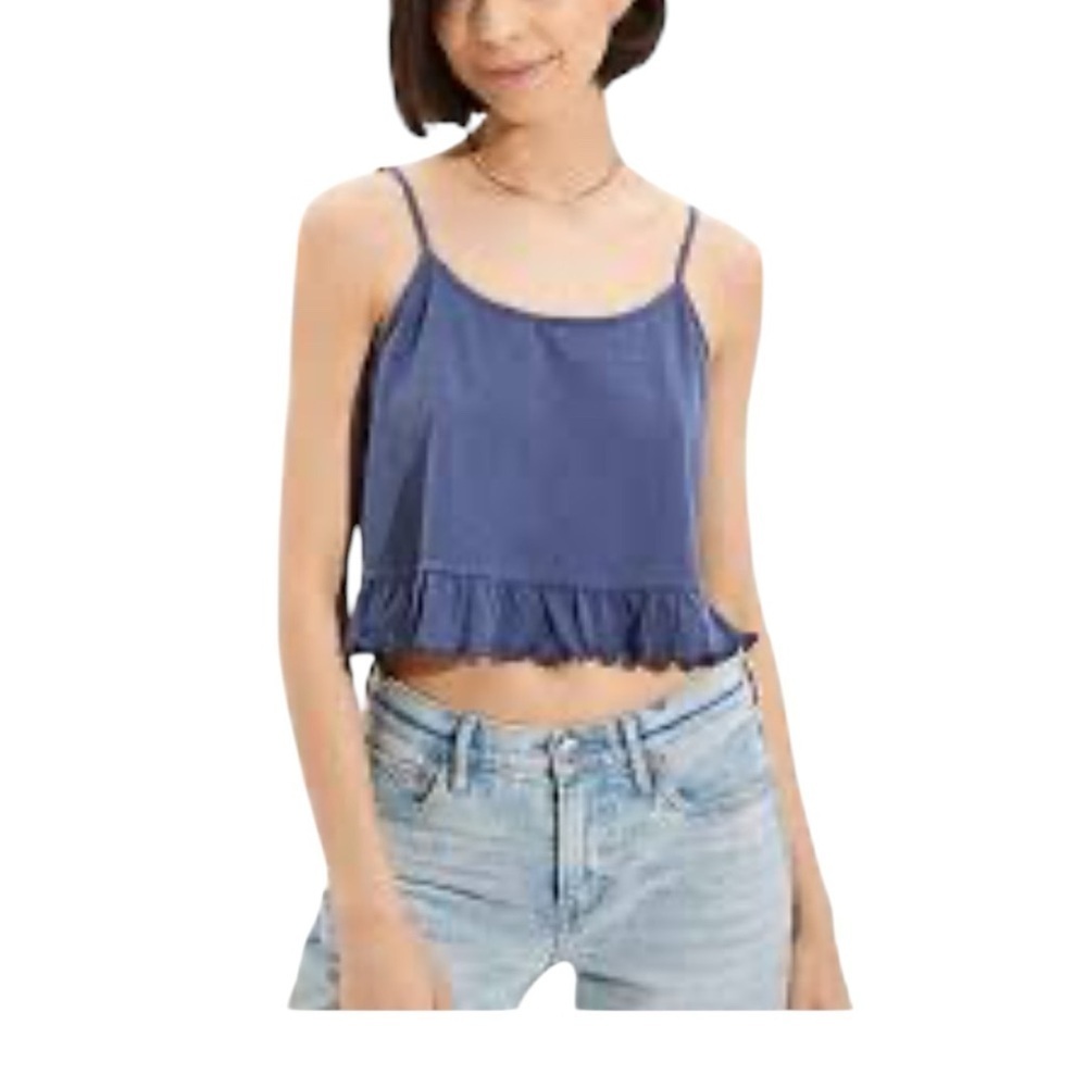 American Eagle New Blue Cropped Relaxed Ruffle Bottom Tank Top Size Medium
